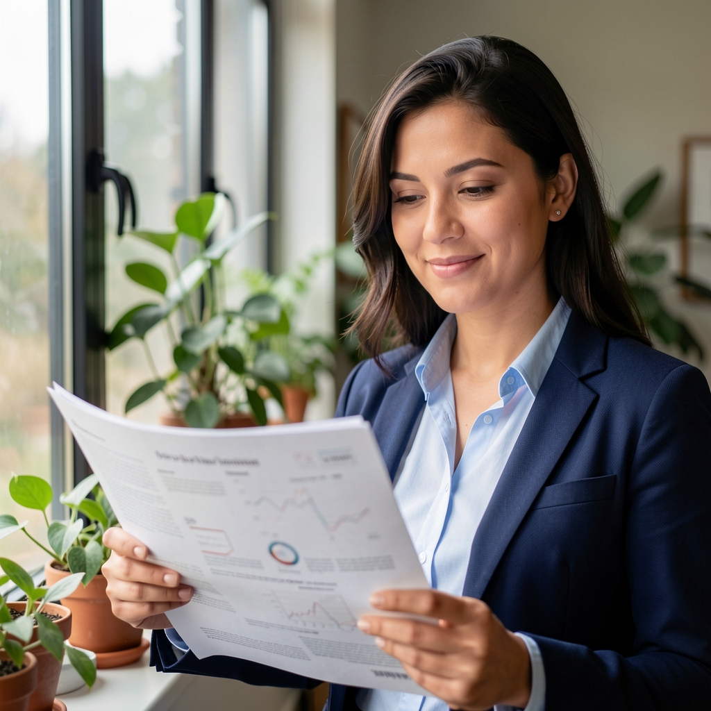 Editorial team member reviewing printed health research beside a plant-filled window