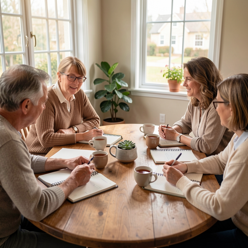 Small community discussion around a table with notebooks and cups of tea