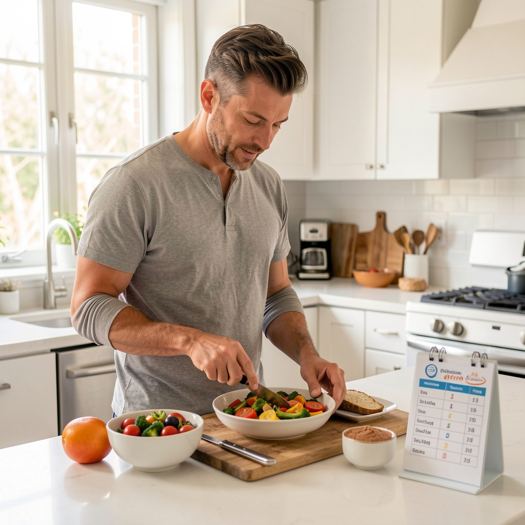Adult man preparing a colourful balanced meal in a bright home kitchen with a glucose log nearby