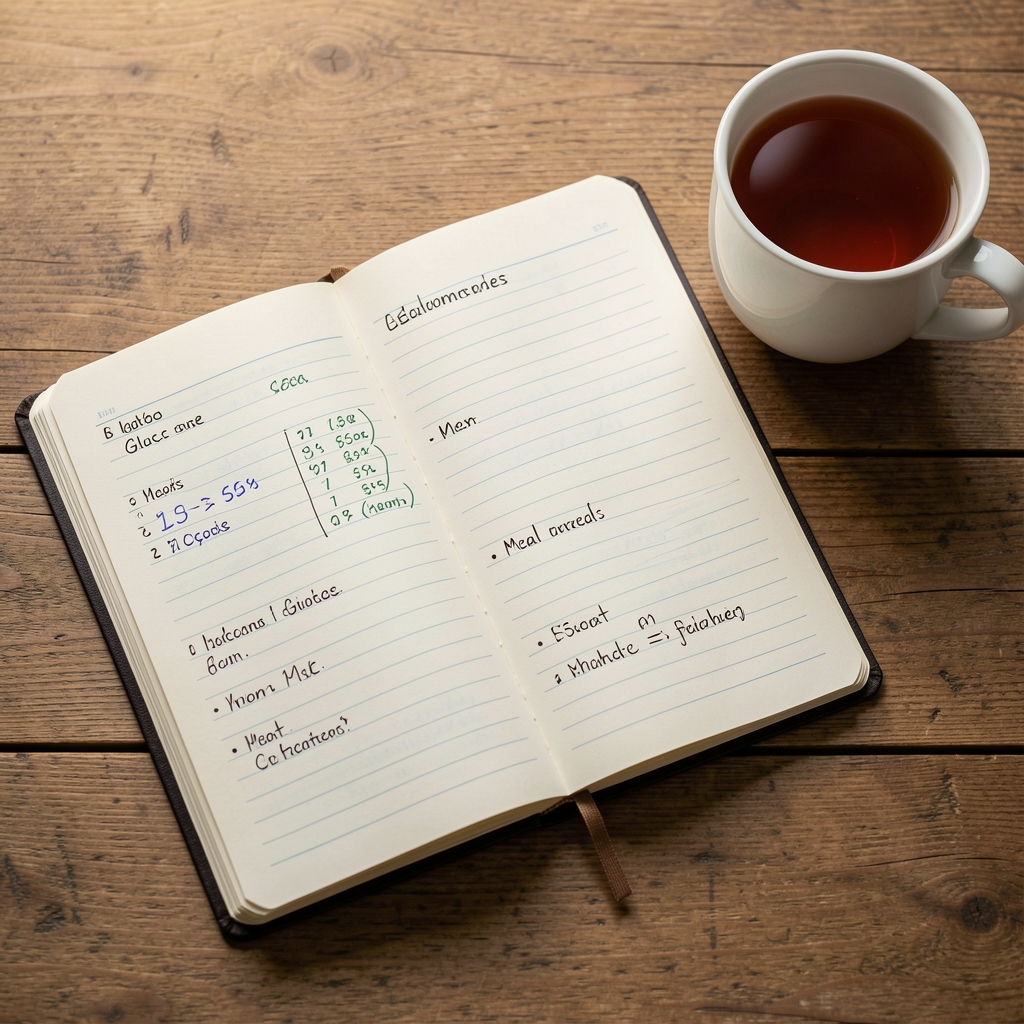 Open notebook with glucose readings, meal notes and a cup of tea on a wooden table