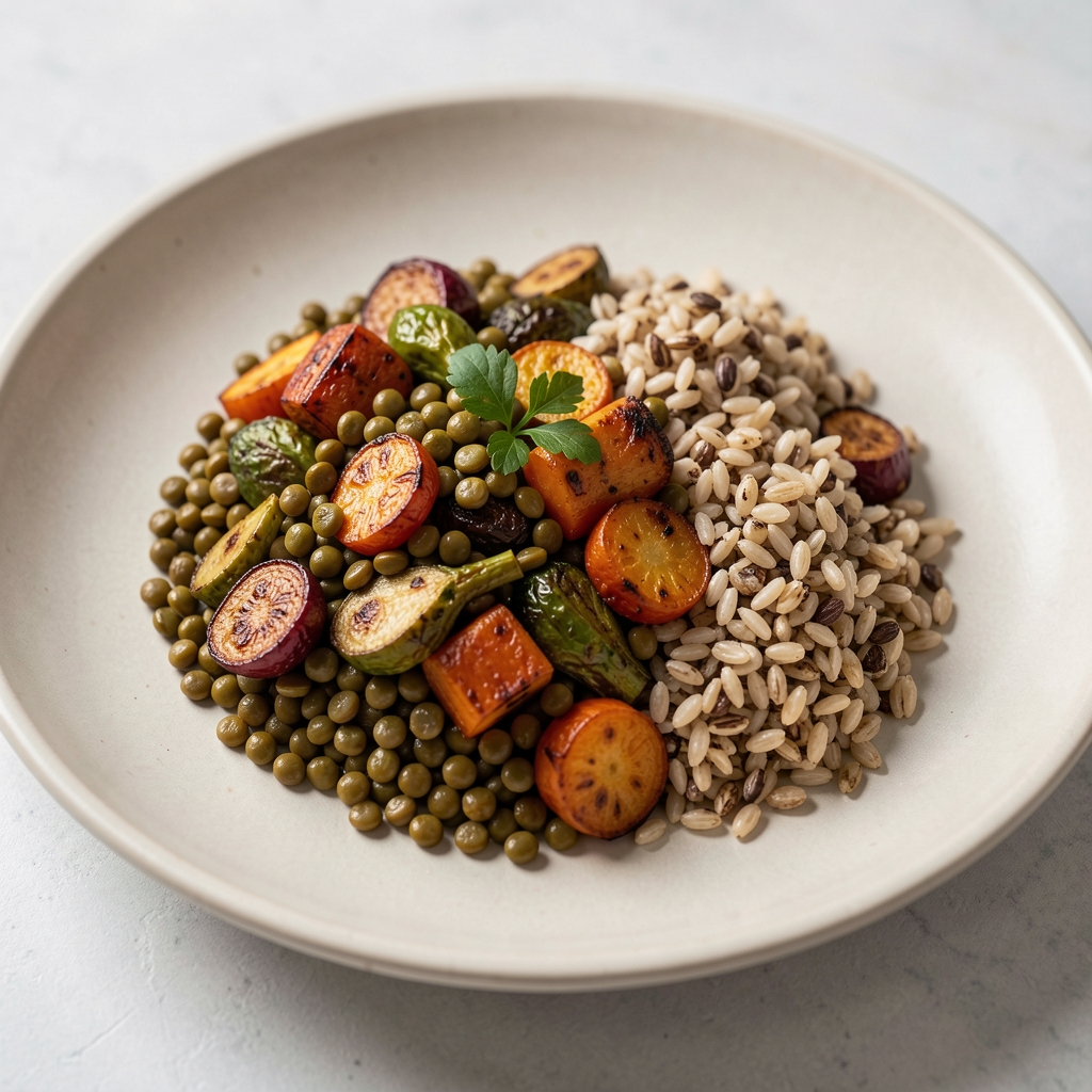 Balanced plate of lentils, roasted vegetables and whole grains on a pale ceramic dish