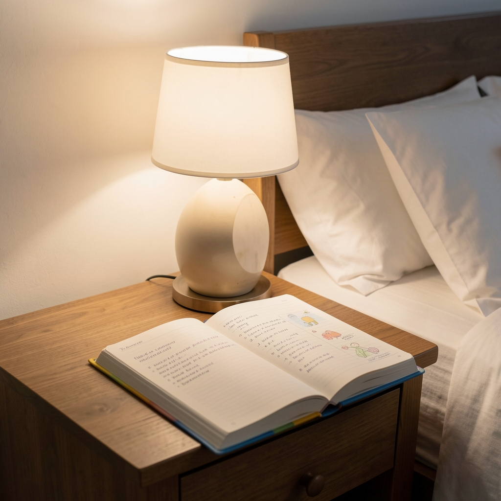 Soft lamp illuminating a book and sleep journal on a bedside table
