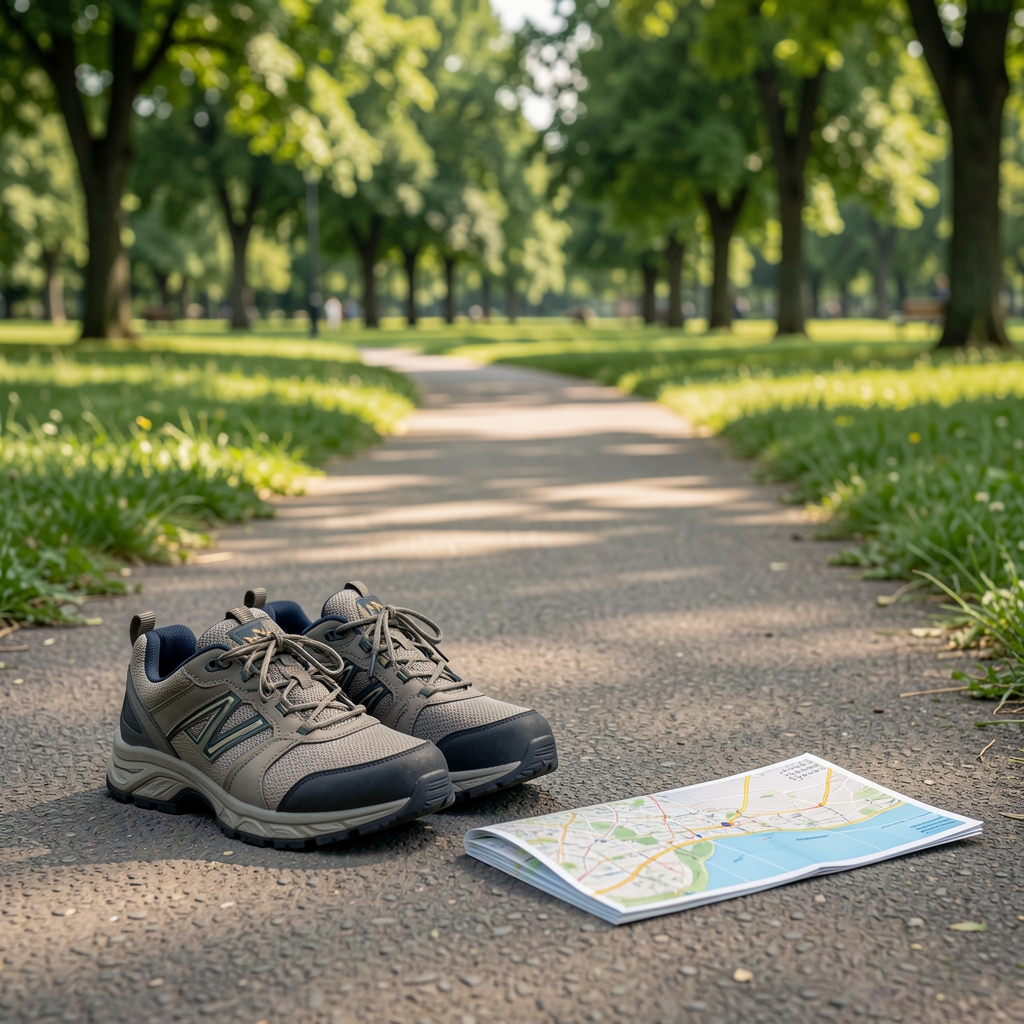 Walking shoes and a folded map beside a green park path in daylight