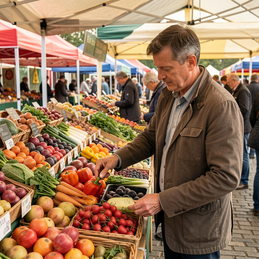Adult man selecting vegetables and whole foods at a British farmers market