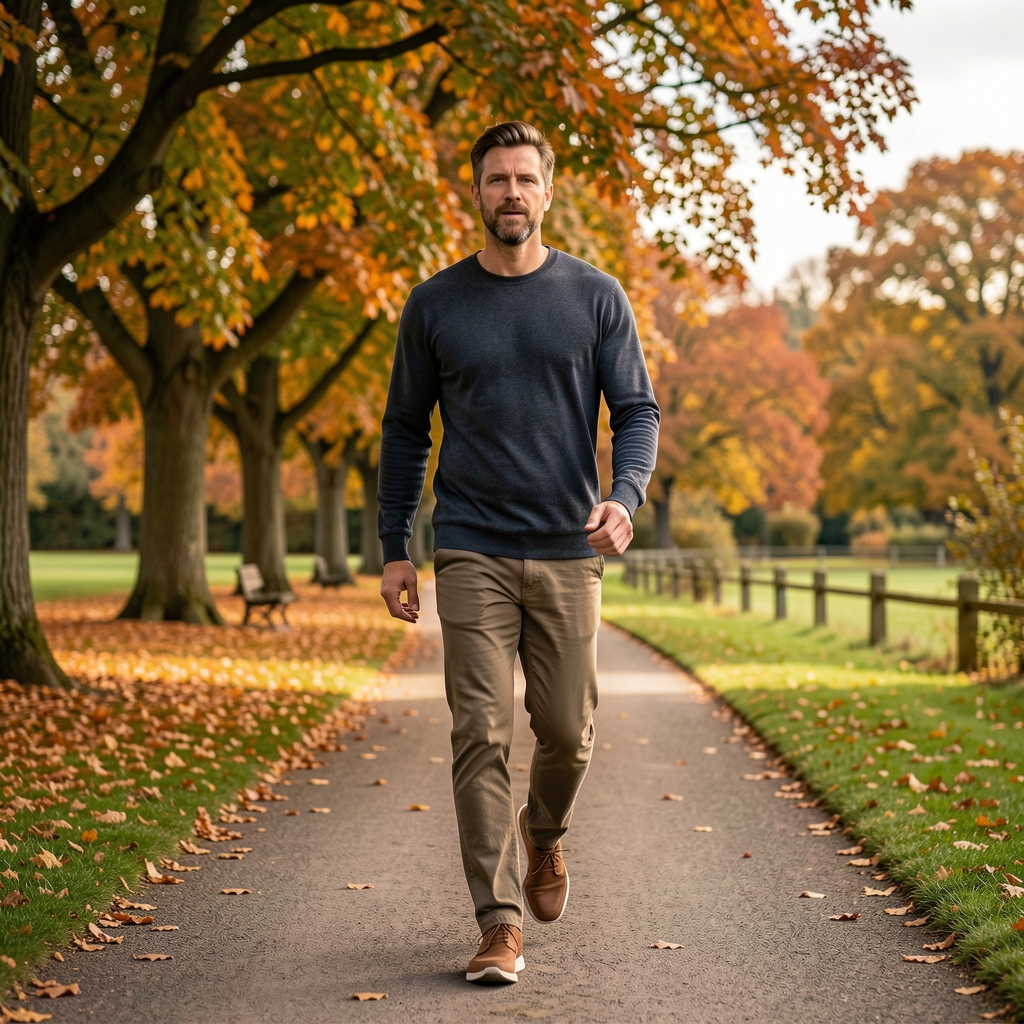 Adult man walking briskly along an English park path with autumn trees behind him