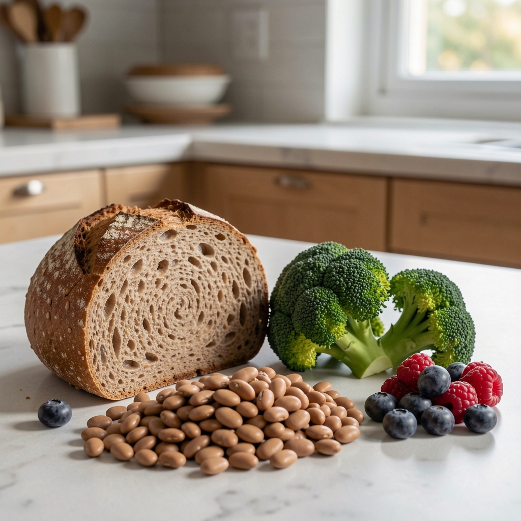 Wholegrain bread, beans, broccoli and berries arranged on a kitchen counter for a nutrition feature