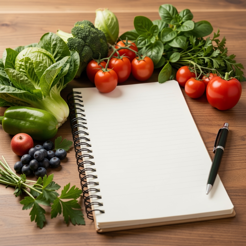 Colourful green vegetables and herbs arranged beside a notebook about prostate well-being