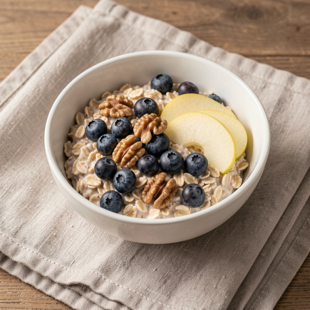 Bowl of oats topped with blueberries, walnuts and sliced pear beside a linen napkin