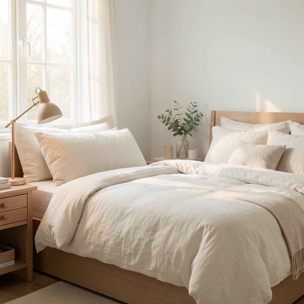Bright calm bedroom with linen bedding, a reading lamp and soft morning light