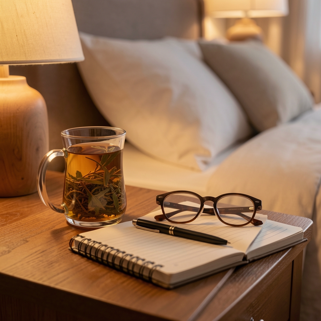 Herbal tea, reading glasses and a notebook on a bedside table in warm evening light