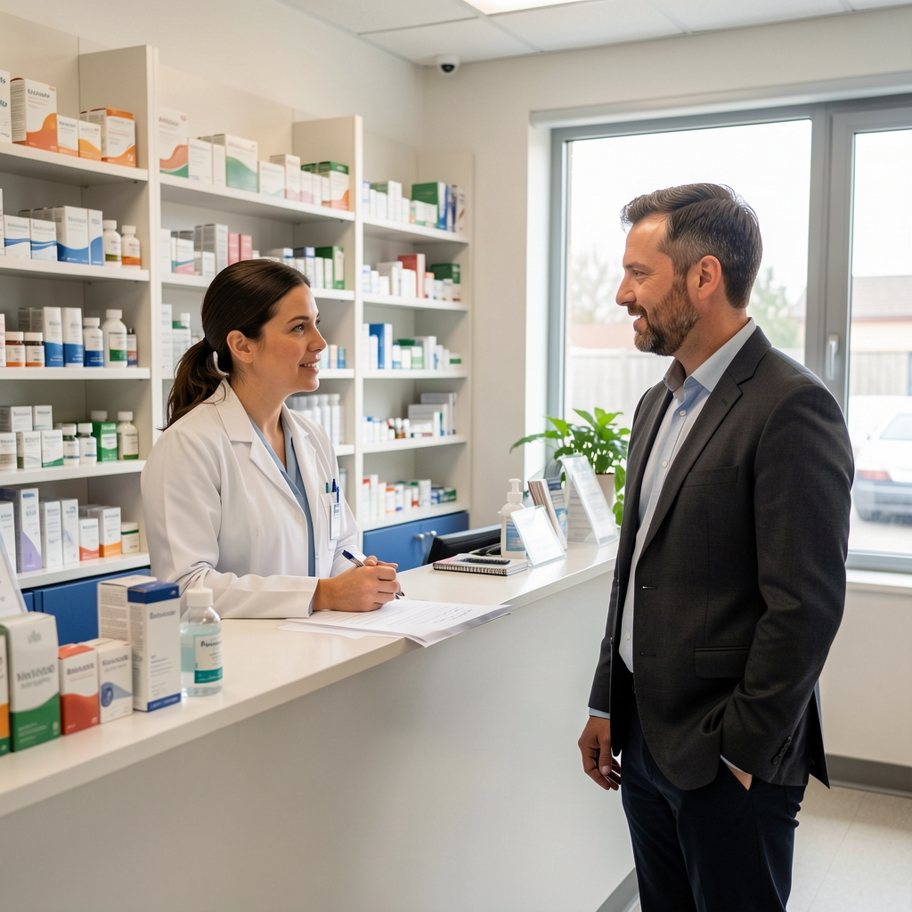 Pharmacist speaking privately with an adult man beside a well-organised consultation counter