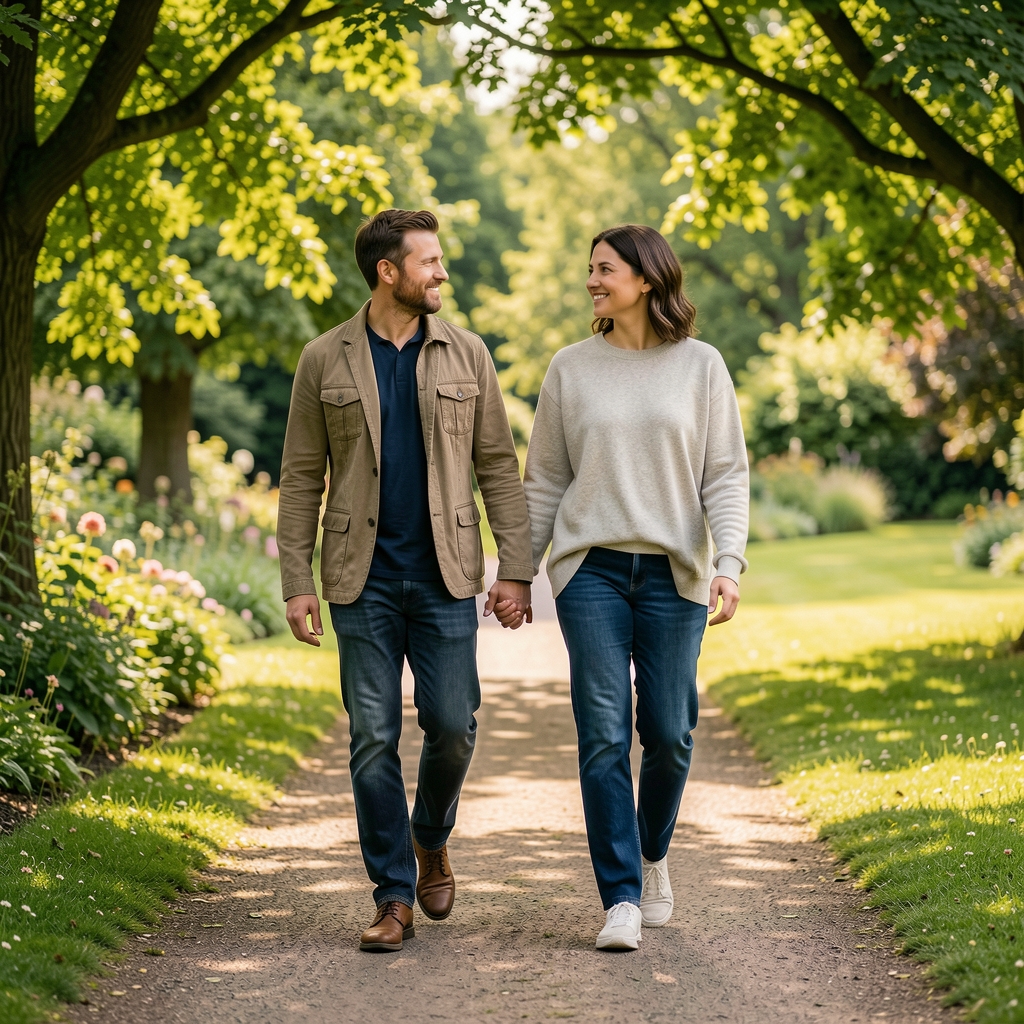 Adult couple walking together in a leafy UK park during a thoughtful health feature