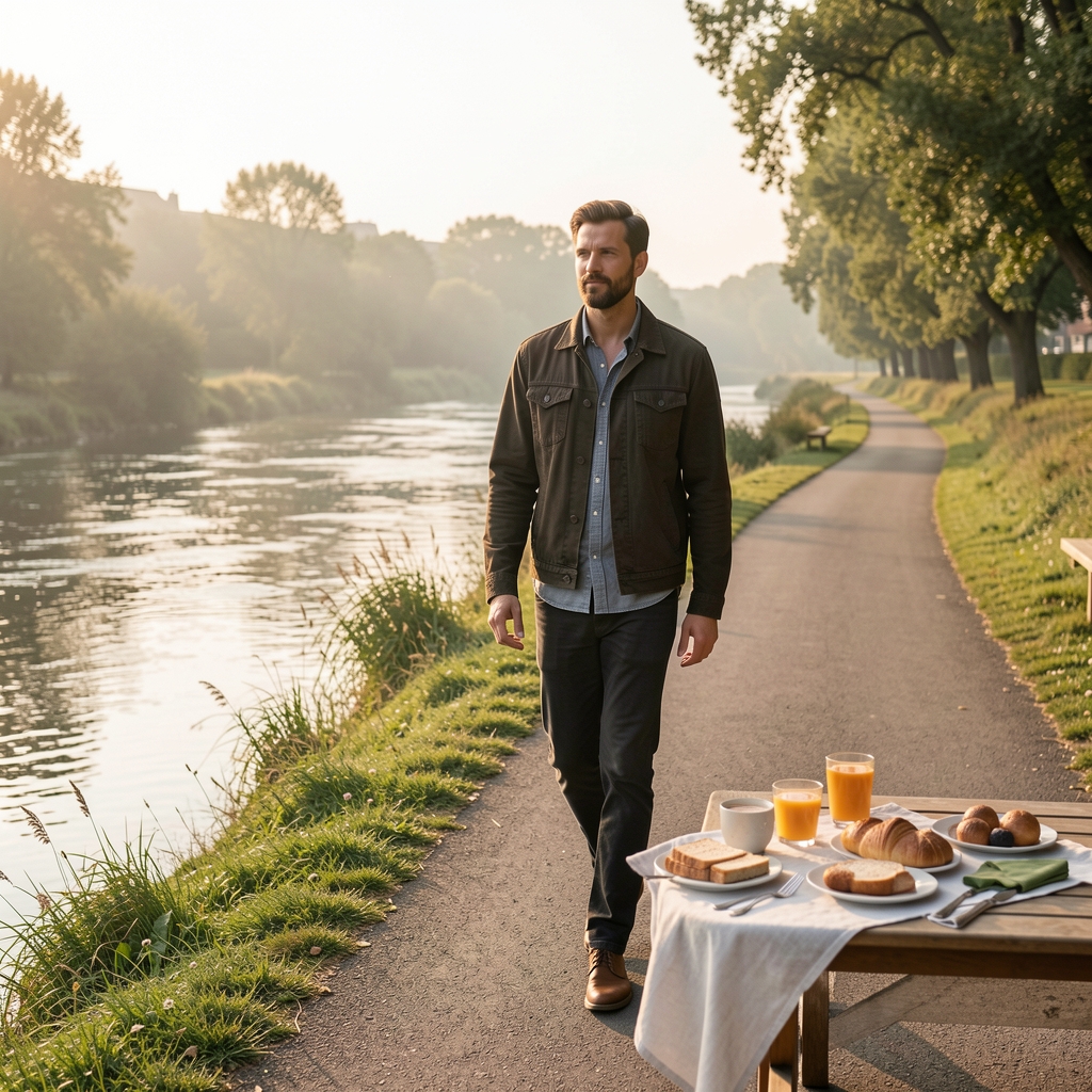 Quiet morning scene with a man walking beside a riverside path and a balanced breakfast