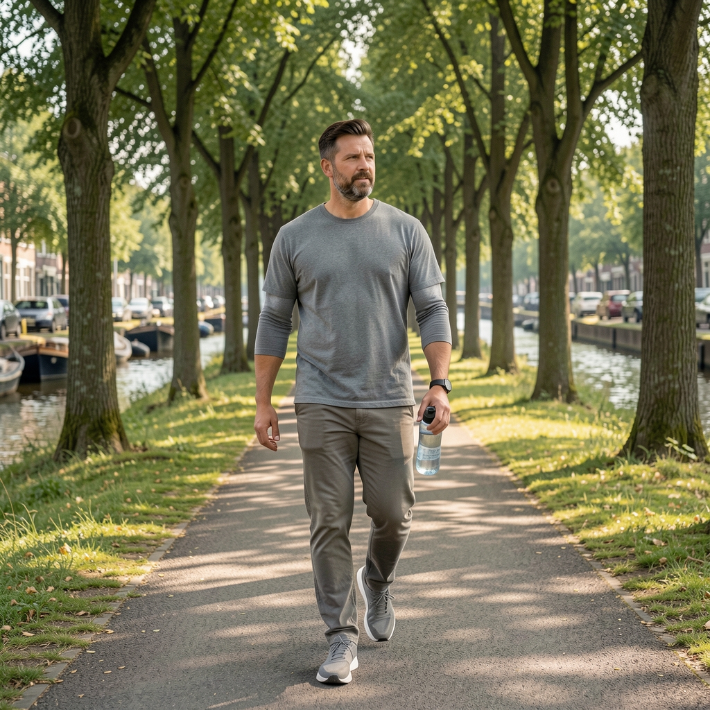Adult man walking on a tree-lined canal path with comfortable clothing and a water bottle